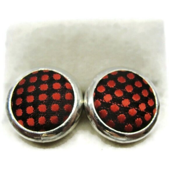 Cufflinks Silver Red Plaid Fabric Insert Tux Shirt Dress Suit Vintage - Picture 3 of 7